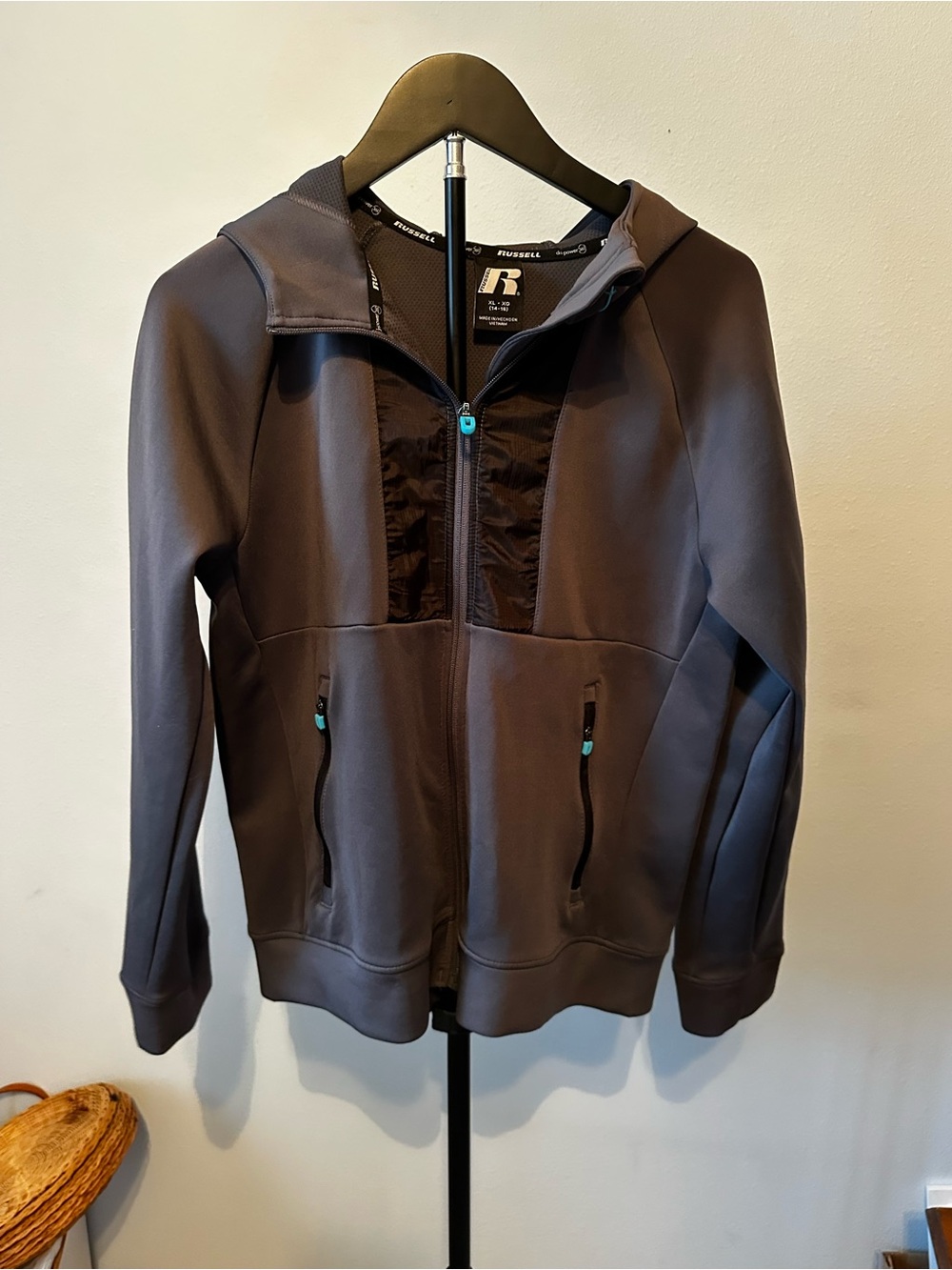 Boys 14-16 Russell Athletic Dark Gray Full-Zip Hooded Jacket with Teal Accents